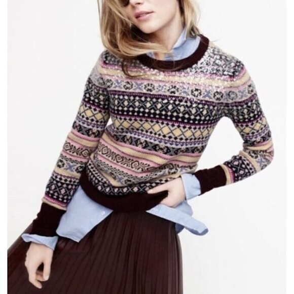 J Crew Sweater Womens Small Fair Isle Lambs Wool Sequin Crew Neck Pullover E5663 - Picture 1 of 9